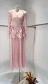 Elegant pink lace two-piece set with long-sleeved peplum top and pleated maxi skirt - XS / Top And Bottom / Pink