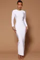 Elegant white long sleeve bandage maxi dress featuring gold beaded neck and cuff details - S / Top And Bottom / White