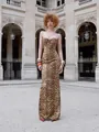Elegant leopard print strapless maxi dress with a slim-fit waist and sexy back slit - S / Top And Bottom / Leopard Print (Maxi)