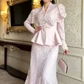 Elegant pink lace two-piece set featuring peplum v-neck jacket with floral embroidery - XS / Top And Bottom / Pink