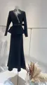 Elegant black V-neck blazer with rhinestone trim and matching mermaid skirt suit set - XS / Top And Bottom / Black