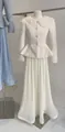Elegant French tweed jacket with lace floral collar and pleated maxi skirt set in white - XS / Top And Bottom / Apricot