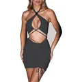 Sexy dunkelgraues gerafftes Neckholder-Minikleid mit Cut-out-Details und Bindeband für Damen - S / Top And Bottom / Schwarz