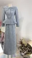 Elegant light blue tweed skirt suit with 3D floral appliques and delicate lace collar - XS / Top And Bottom / Blue