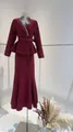 Elegant wine red skirt suit with rhinestone V-neck blazer and slimming mermaid skirt - XS / Top And Bottom / Red