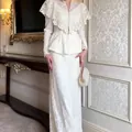 Elegant white V-neck lace shawl suit with heavy floral embroidery for a luxury look - XS / Top And Bottom / Apricot