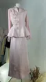 Detailed view of pink elegant two-piece suit with 3D floral embroidery and pleated sleeves. - XS / Top And Bottom / Pink