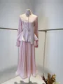 Elegant pink two-piece set featuring lace floral applique top and long pleated skirt. - XS / Top And Bottom / Pink