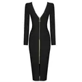 Black bodycon bandage dress with deep V-neck and full-length gold zipper - S / Top And Bottom / Black