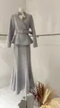 Elegant light grey two-piece suit set featuring rhinestone V-neck blazer and mermaid skirt - XS / Top And Bottom / Silver
