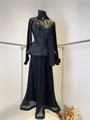Elegant black two-piece set featuring floral embroidery top and pleated maxi skirt - XS / Top And Bottom / Black