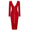 Elegant red long sleeve bodycon bandage midi dress featuring a full length front zipper - S / Top And Bottom / Red