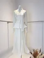 Elegant white two-piece pleated skirt set with floral applique and mesh sleeves for women - XS / Top And Bottom / Apricot