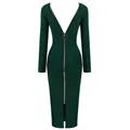 Elegant dark green long-sleeved bandage dress featuring a full-length back gold zipper detail - Dark Green