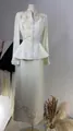 Elegant off-white two-piece formal suit with floral embroidery and pleated sleeves detail - XS / Top And Bottom / Apricot