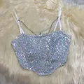 Glittering silver sequin crop top camisole featuring elegant decorative chain straps for women - White