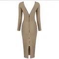 Elegant backless long sleeve khaki bodycon bandage dress with full back zipper detail. - Apricot