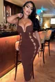 Elegant brown hollow-out bodycon dress with low-cut neck and ribbed fabric texture detail - M / Coffee