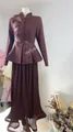 Detailed view of the intricate leaf embroidery on the chocolate brown retro pleated skirt set - XS / Top And Bottom / Dark Brown