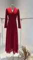 Elegant red long-sleeved V-neck evening gown with pleated skirt and fringe details - XS / Top And Bottom / Red