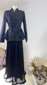 Detailed view of elegant black vintage embroidered blazer and pleated skirt set for women. - XS / Top And Bottom / Black