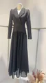 Elegant black V-neck evening dress with sophisticated bead detailing on lapels and waistline. - M / Top And Bottom / Black