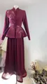 Elegant burgundy peplum blazer and pleated maxi skirt set with leaf embroidery. - XS / Top And Bottom / Dark Red