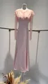 Elegant pink lace long sleeve mermaid evening dress with exquisite pearl bead details - XS / Top And Bottom / Pink