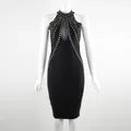 Sexy black halter bandage dress featuring gold stud details and a mesh chest cutout - S / Black