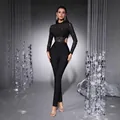 Elegant black mesh long sleeve jumpsuit with beaded detail and bandage fit for women - XS / Top And Bottom / Black
