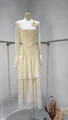 Elegant cream white long-sleeved tiered dress with 3D floral accent and ruffled sleeves - XS / Tops / White