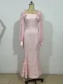 Elegant pink floor-length mermaid dress featuring 3D flower appliqués and sheer sleeves - XS / Top And Bottom / Pink