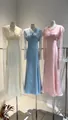 Elegant lace long sleeve fishtail evening gowns in white blue and pink on mannequins - XS / Top And Bottom / Light Blue