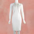 Elegant white halter bandage dress featuring mesh panels and intricate heavy beadwork - S / White