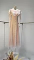 Close-up of a pink lace French vintage maxi dress featuring a ruffle cape collar on a mannequin. - XS / Top And Bottom / Pink