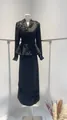 Elegant black suit set with intricate floral sequin embroidery and peplum jacket - XS / Top And Bottom / Black
