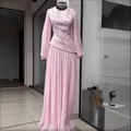Pink pleated maxi dress with elegant long sleeves and decorative rhinestone chains - XS / Top And Bottom / Pink