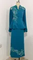Teal blue two-piece formal dress with elegant floral embroidery and peplum top - XS / Top And Bottom / Malachite green