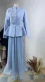Elegant light blue two-piece suit set with leaf embroidery and pleated maxi skirt - Blue