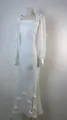 Elegant white maxi dress with 3D floral appliqués and long puff sleeves on mannequin. - XS / Top And Bottom / White