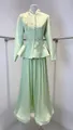 Detailed view of vintage embroidered peplum blazer and matching pleated skirt set in mint green. - XS / Top And Bottom / Matcha Green