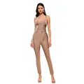 Fashionable mocha V-neck bandage jumpsuit with spaghetti straps and waist tie detail - XS / Top And Bottom / Camel