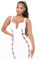White ribbed bandage dress with deep V-neck and side cut-out detailing on model - S / White
