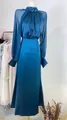 Elegant teal evening gown featuring a sequined high neck and sheer long lantern sleeves. - XS / Top And Bottom / Dark Blue