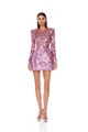 Elegant lavender mini dress with 3D floral embroidery and lace sleeves - S / Tops / Purple