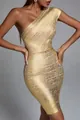 Close-up of golden metallic one-shoulder bandage bodycon dress with textured finish - Gold Stamping