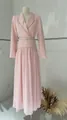 Elegant pink long-sleeved V-neck pleated maxi dress with a waist belt for women - XS / Top And Bottom / Pink