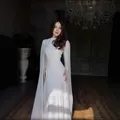 Elegant pure white high-neck maxi dress with flowing chiffon cape sleeves detail - XS / Top And Bottom / White