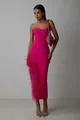 Elegant hot pink strapless bandage dress with ostrich feather slit detail on model. - L / Bottoms / Rose Red