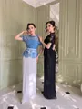Elegant full-length dress featuring intricate floral lace peplum top and pleated maxi skirt - XS / Top And Bottom / Blue